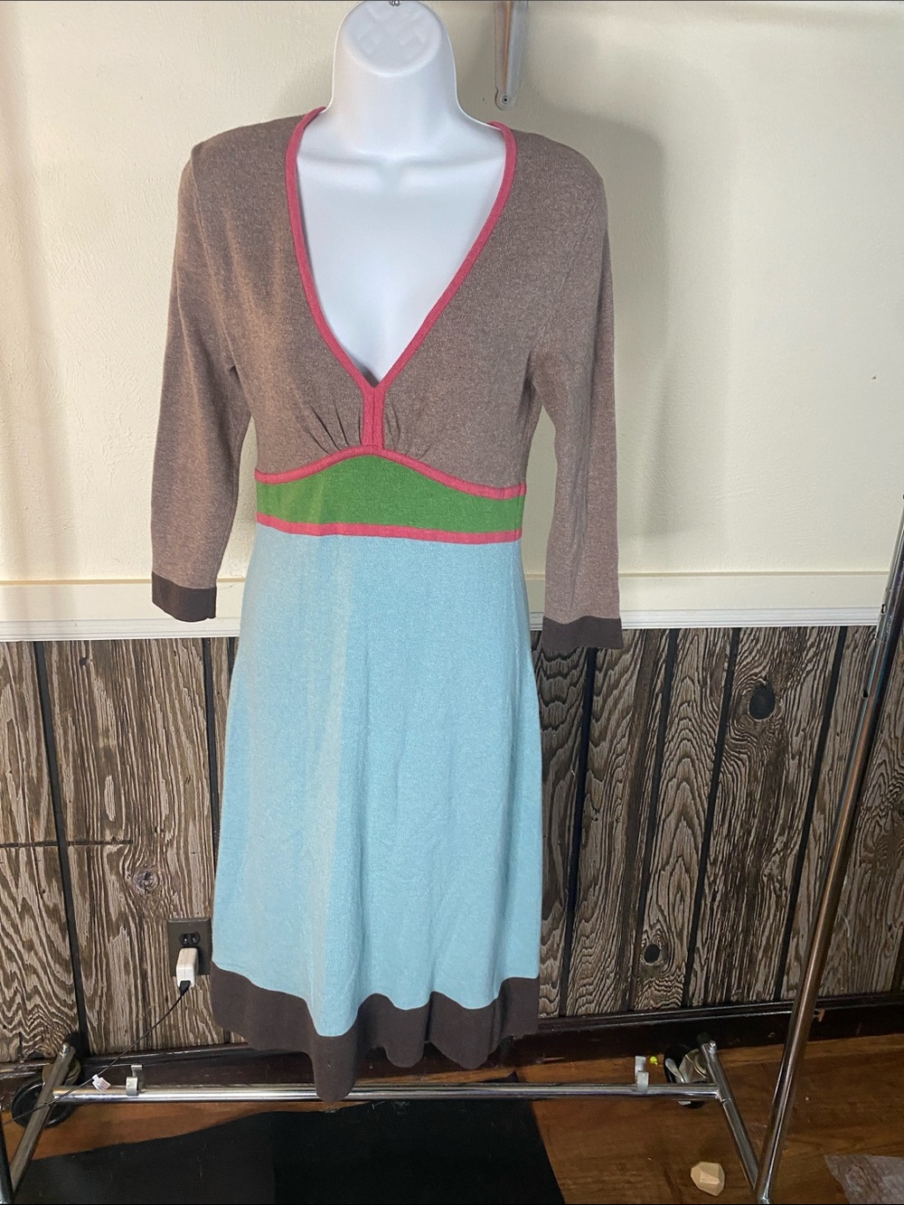 Boden Colorblock V-Neck Midi Dress in Brown, Light Blue, Green & Pink